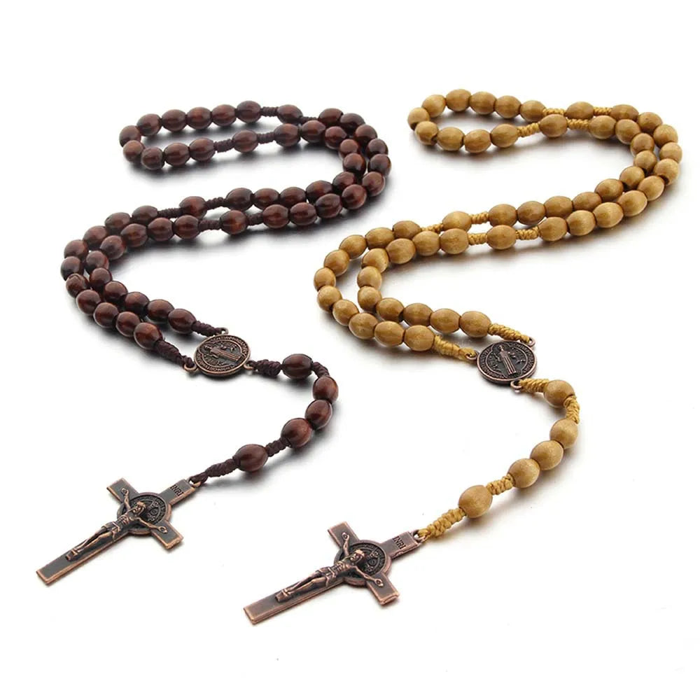 Wood-Bead Rosary Cross Necklace