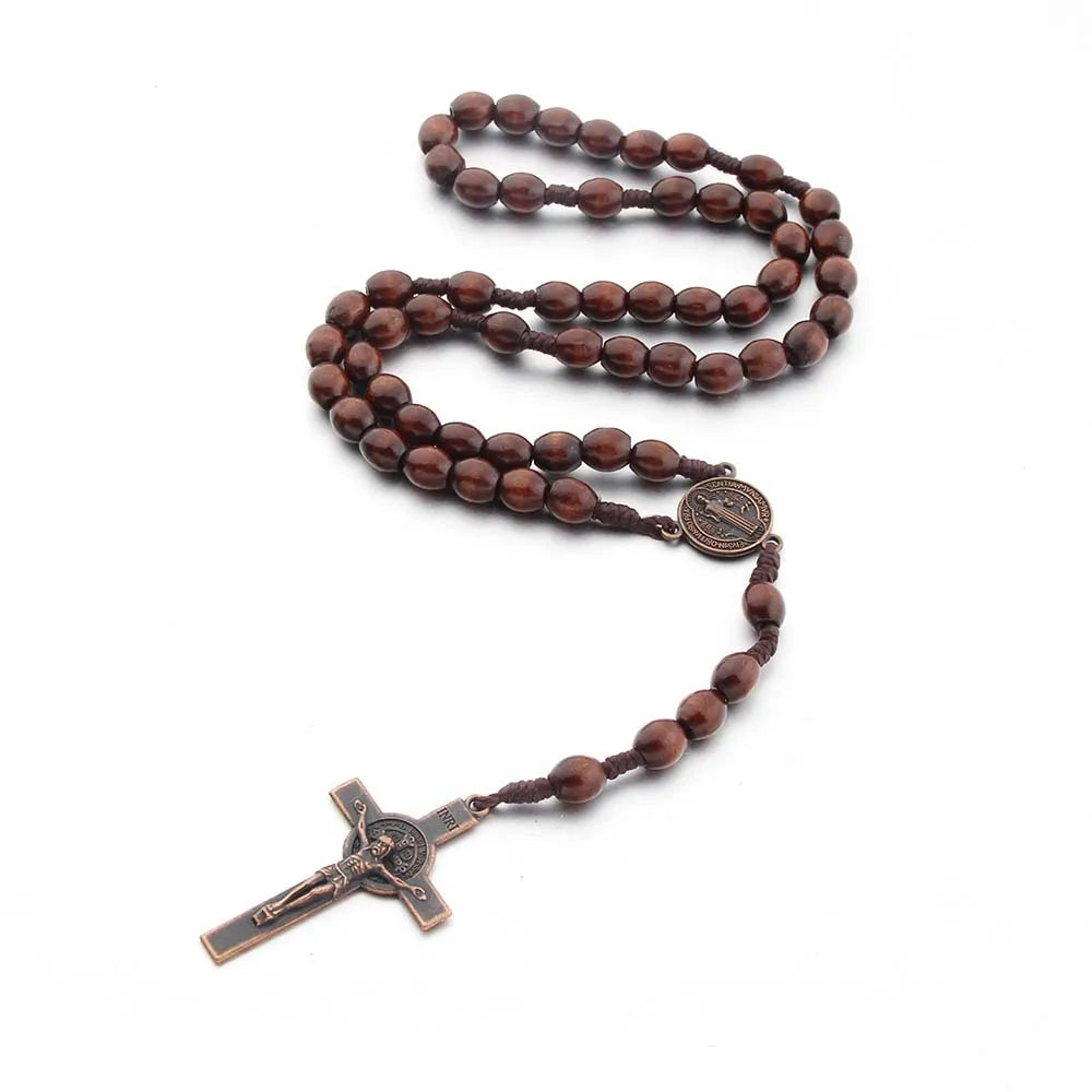 Wood-Bead Rosary Cross Necklace