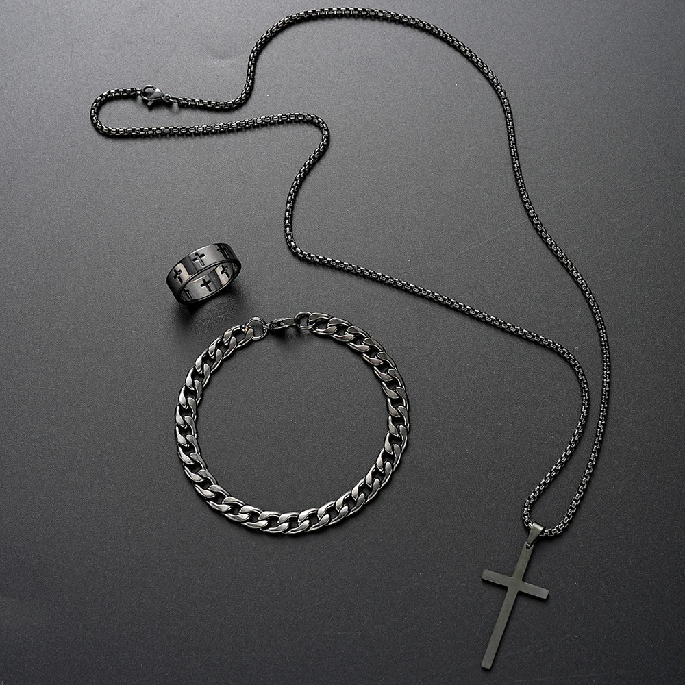 Men’s Cross Jewelry Set – 3 Pieces