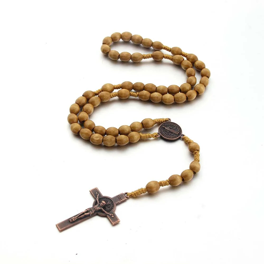 Wood-Bead Rosary Cross Necklace