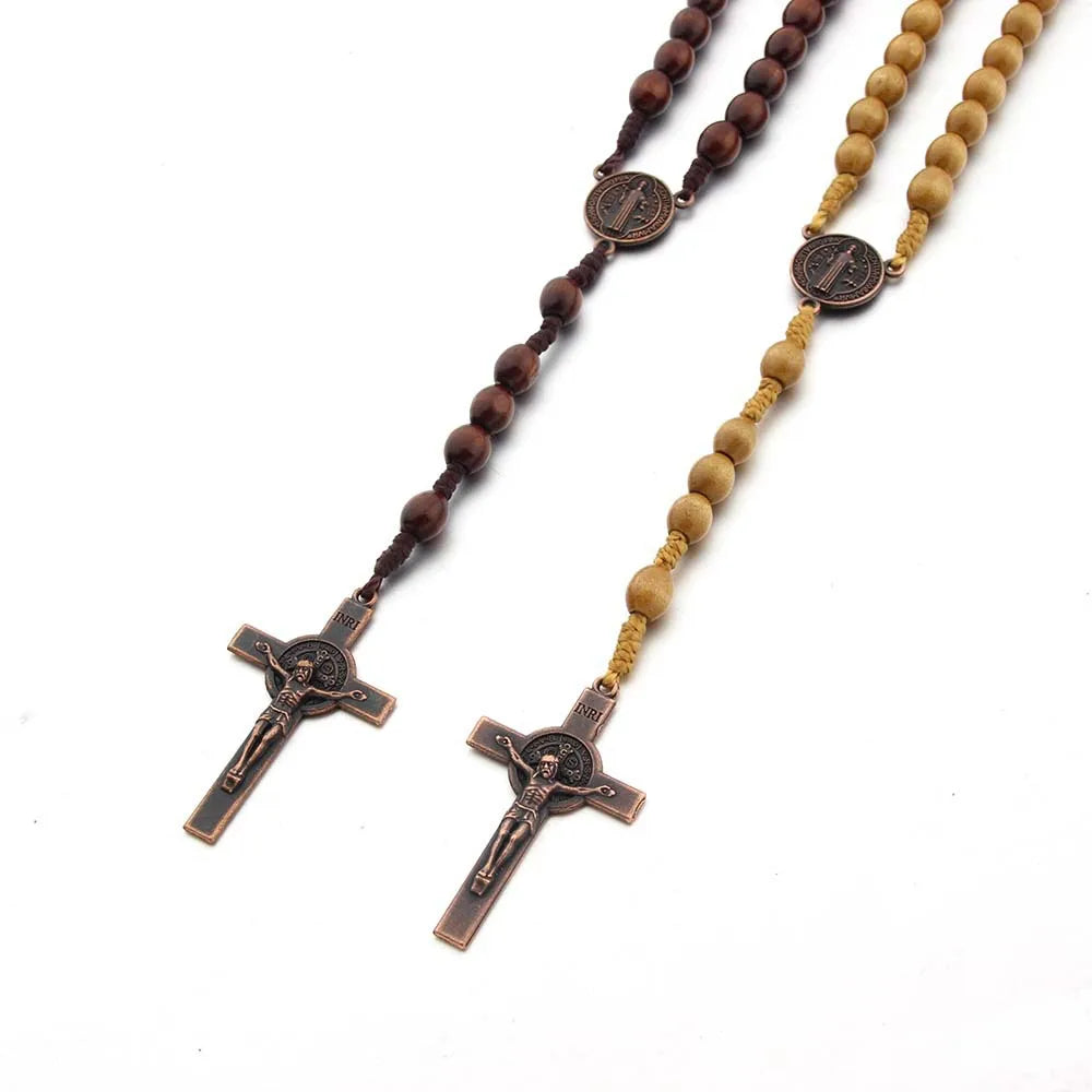 Wood-Bead Rosary Cross Necklace