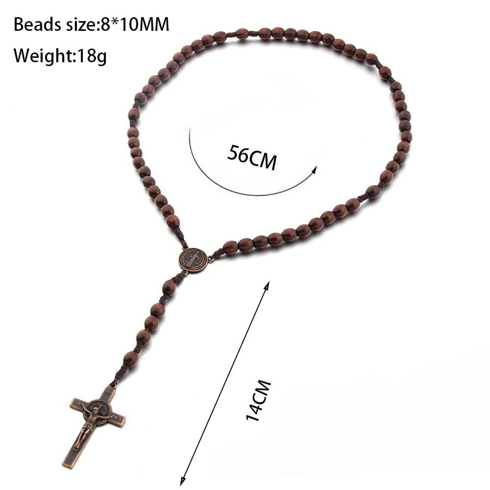Wood-Bead Rosary Cross Necklace