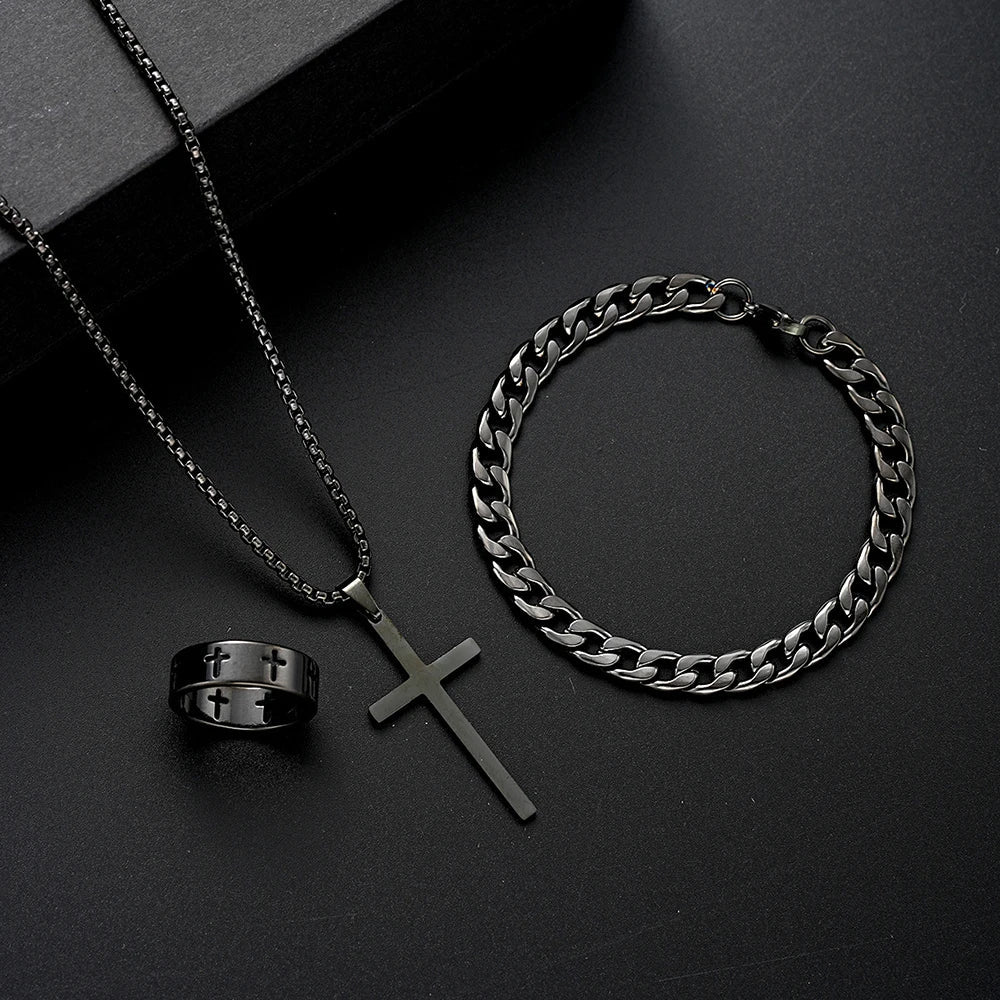 Men’s Cross Jewelry Set – 3 Pieces