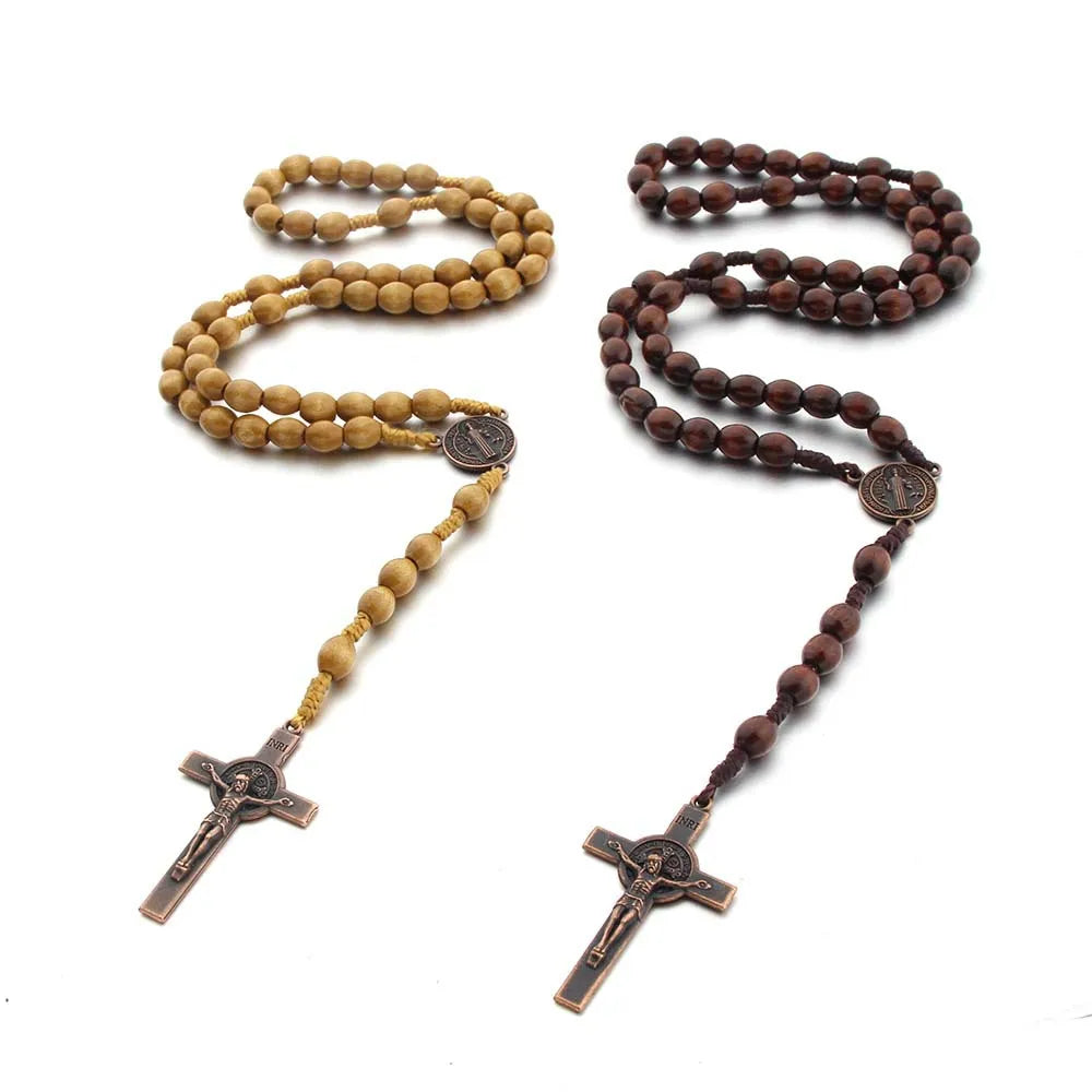 Wood-Bead Rosary Cross Necklace