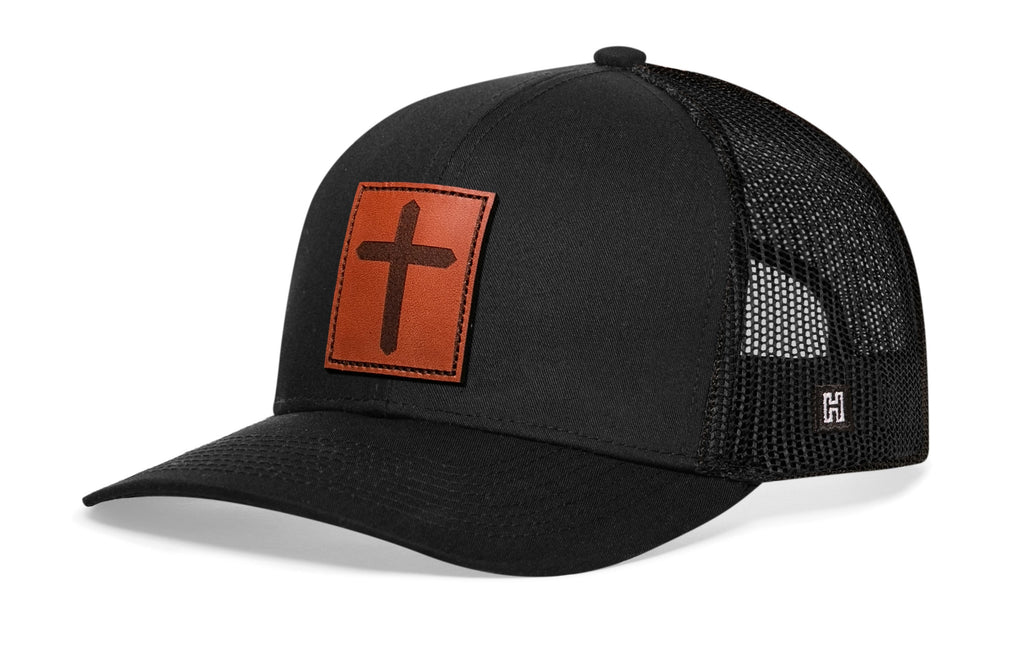 Rectangle Cross Trucker Hat  |  Leather Christian Snapback