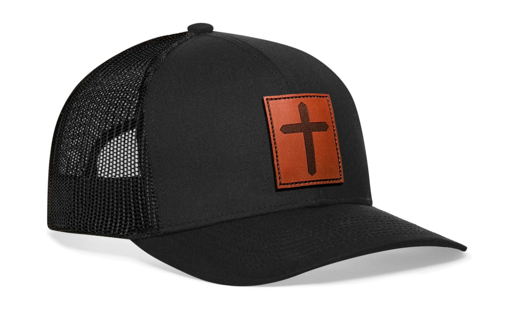 Rectangle Cross Trucker Hat  |  Leather Christian Snapback