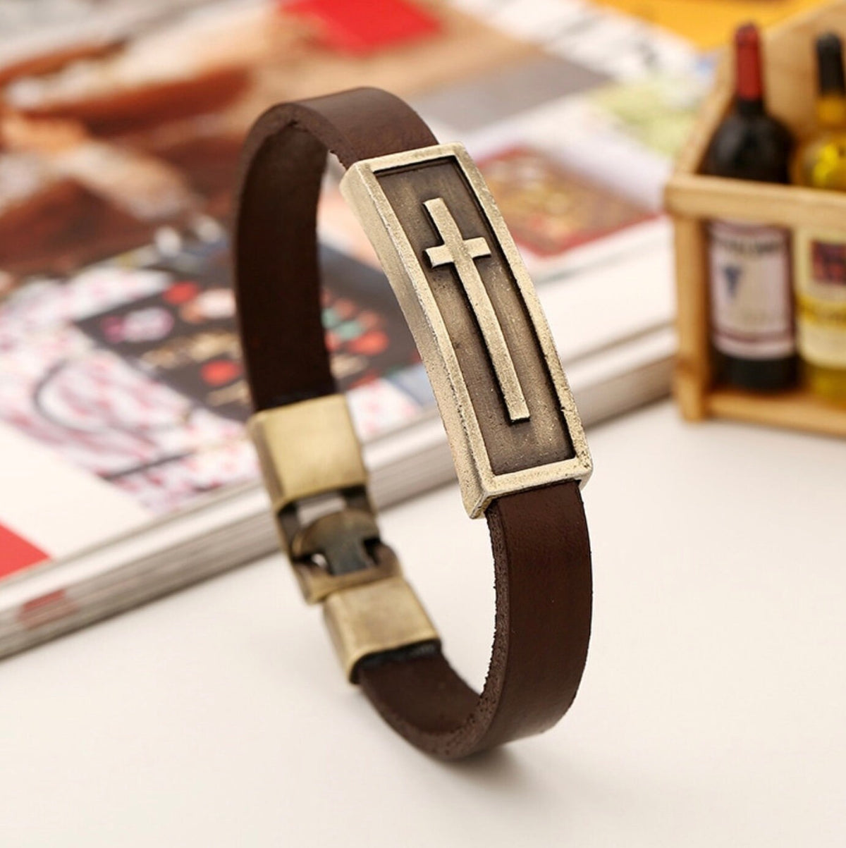 Brown Leather Cross Bracelet