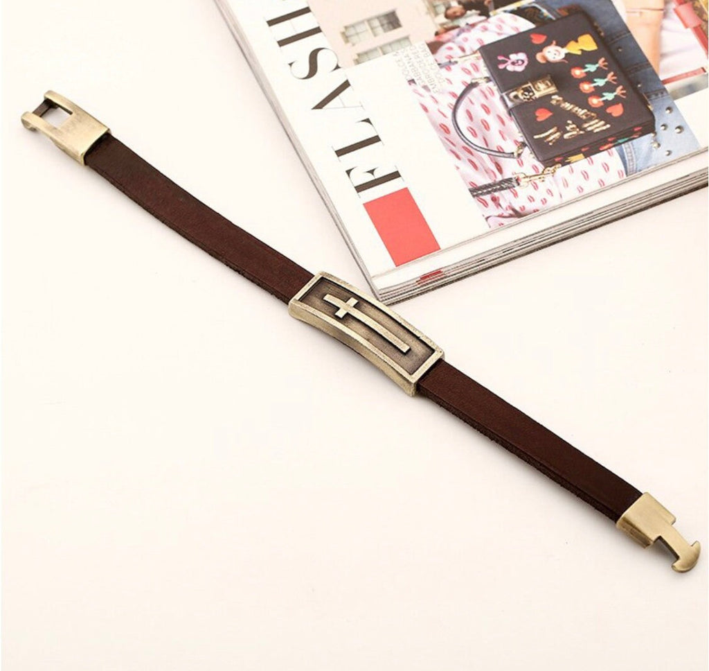 Brown Leather Cross Bracelet