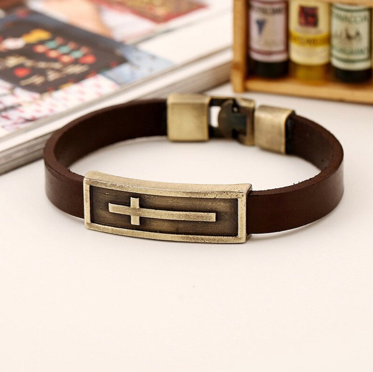 Brown Leather Cross Bracelet