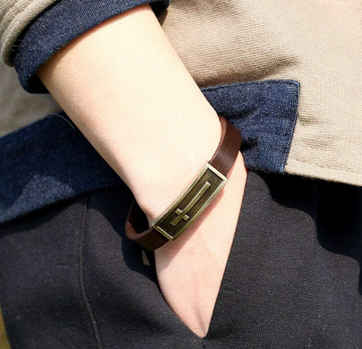Brown Leather Cross Bracelet